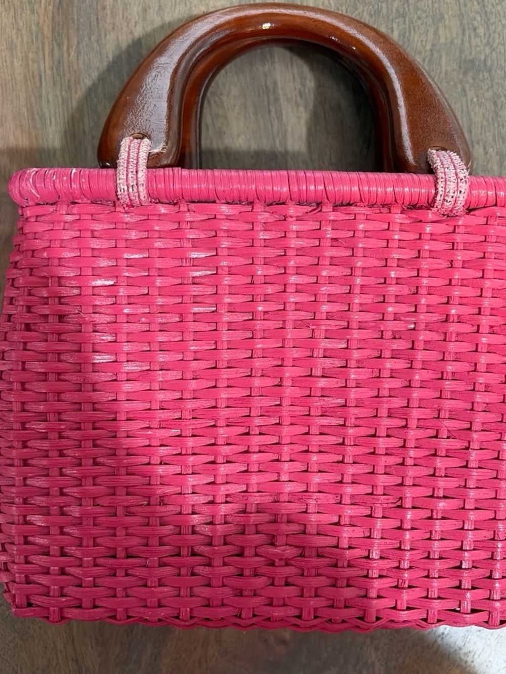 Pink Woven Mini Bag with Wood-Effect Handle